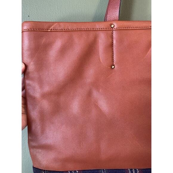 Brooks Brothers 2pc Tote & Wristlet Tan Leather Plaid Tartan Double Shoulder Bag - Picture 13 of 15